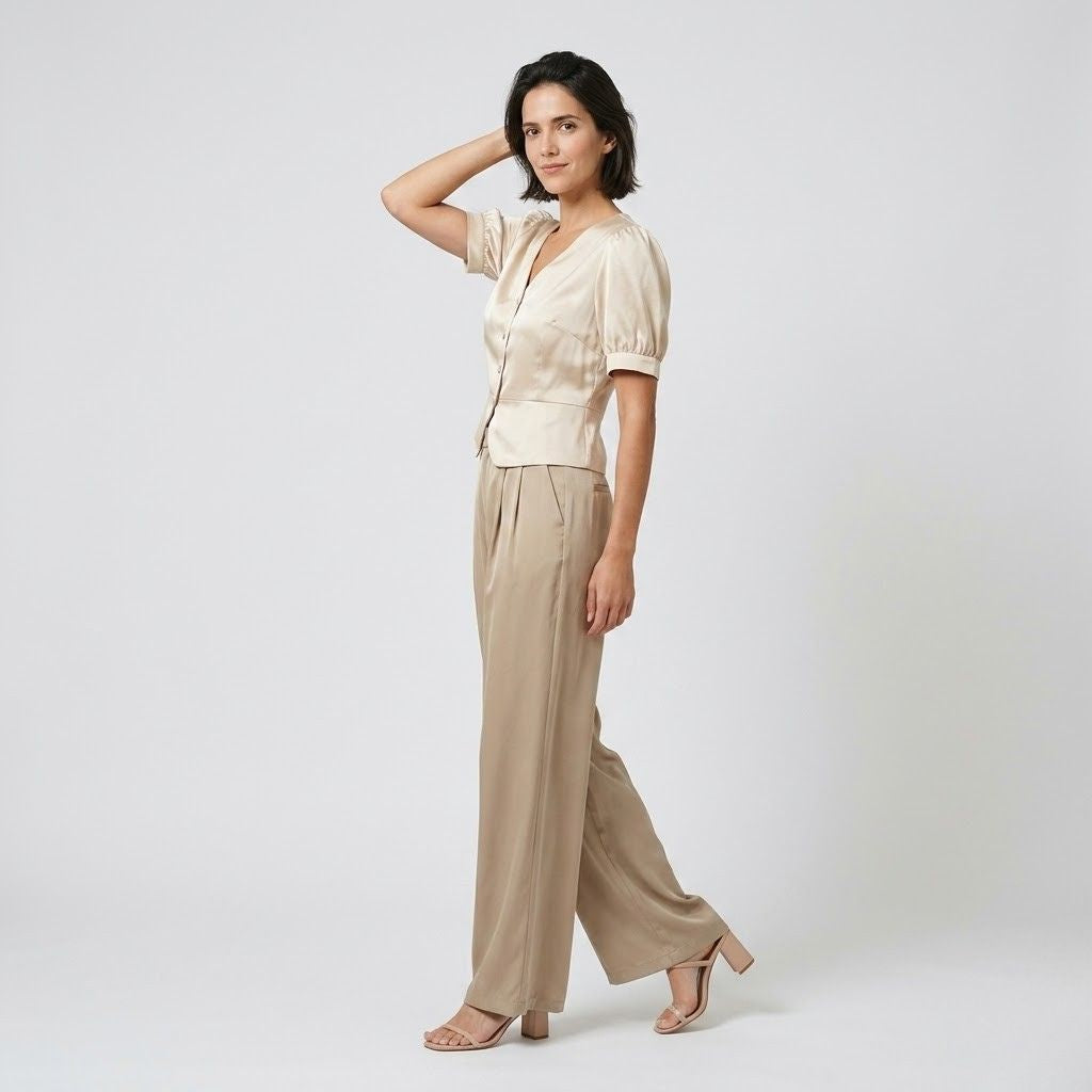 Conjunto Fluído de Calças Largas com Blusa Estruturada para Elegância Diária