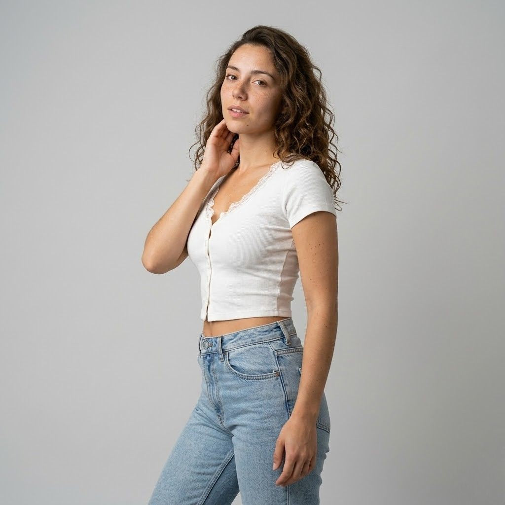 Top Ajustado com Renda no Decote e Botões Frontais Elegantes