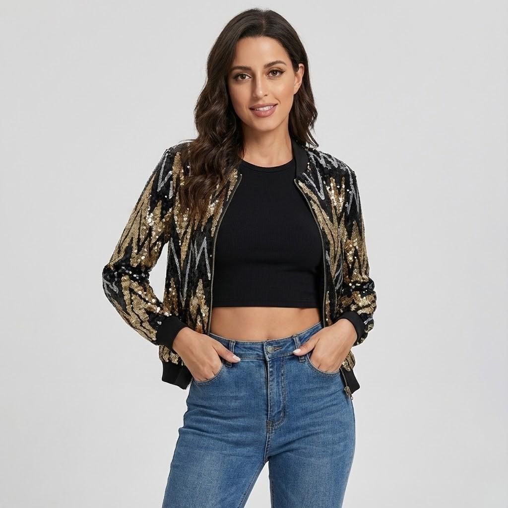 Casaco bomber com brilho elegante | Corte curto | Estilo urbano sofisticado