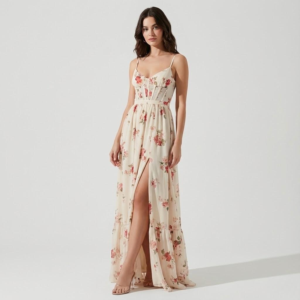 Vestido midi floral em viscose leve | Corte fluido com alças finas | Elegância de verão