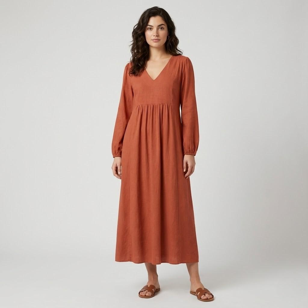 Vestido midi fluido de inspiração natural | Corte império | Elegância descontraída