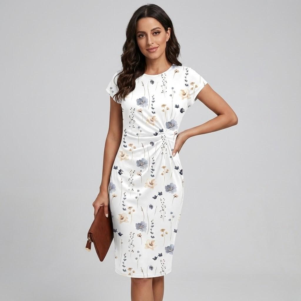 Vestido midi fluido em algodão leve | Corte elegante | Estampa delicada para o dia-a-dia