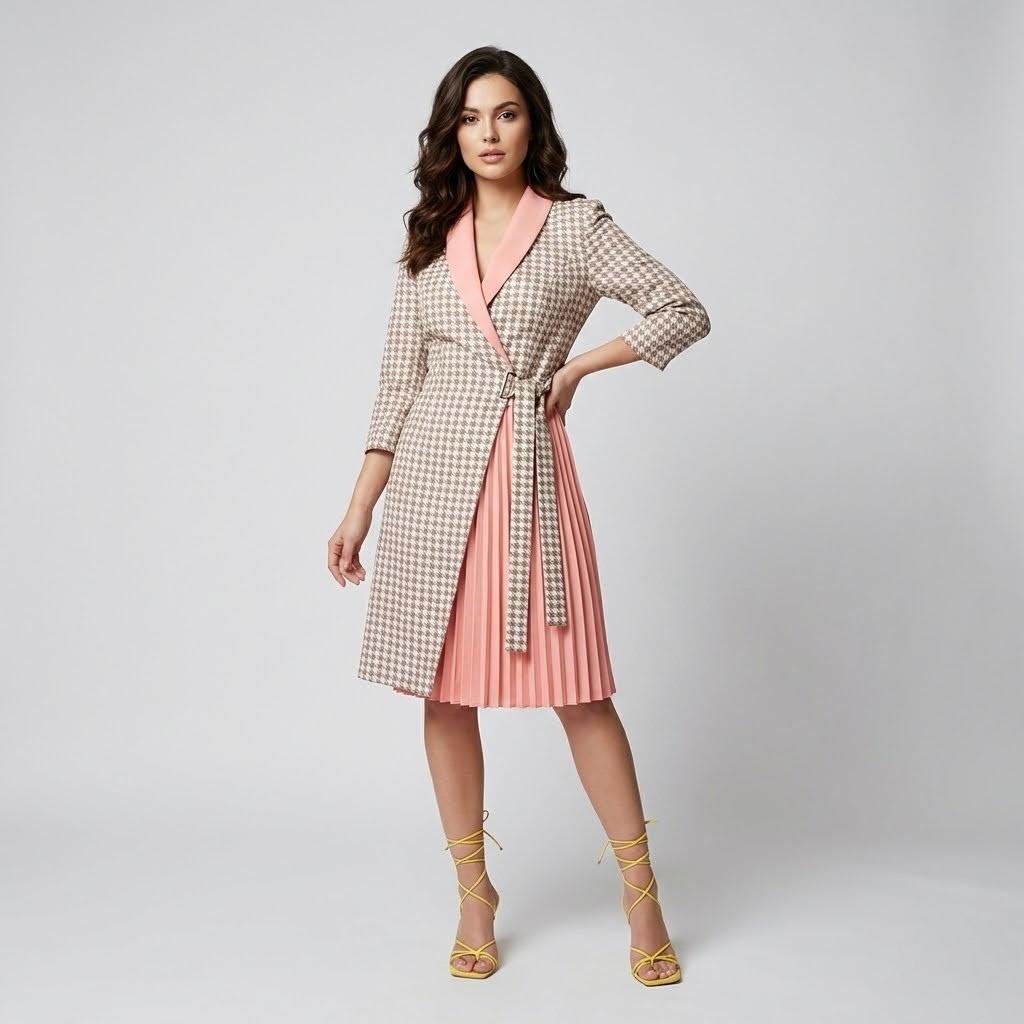 Vestido midi elegante em tecido estruturado | Corte cintado | Painel plissado contrastante