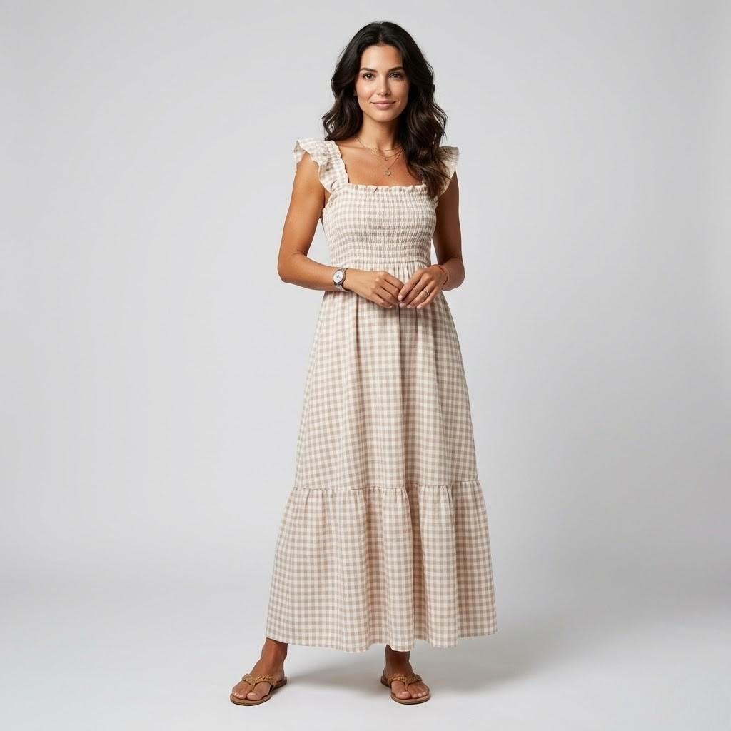 Vestido midi com padrão vichy em mistura de algodão | Corte cintado | Elegância leve de verão