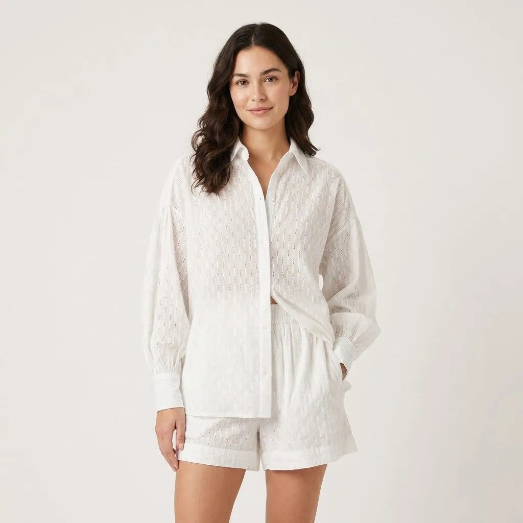 Set leve em tecido texturado | Camisa fluida e calções | Elegância natural