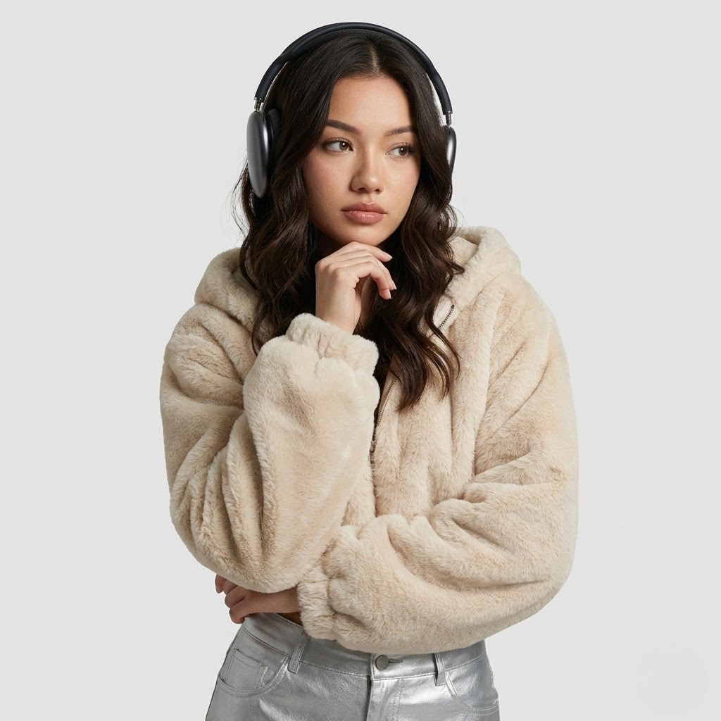 Casaco curto de textura felpuda | Corte solto | Capuz envolvente