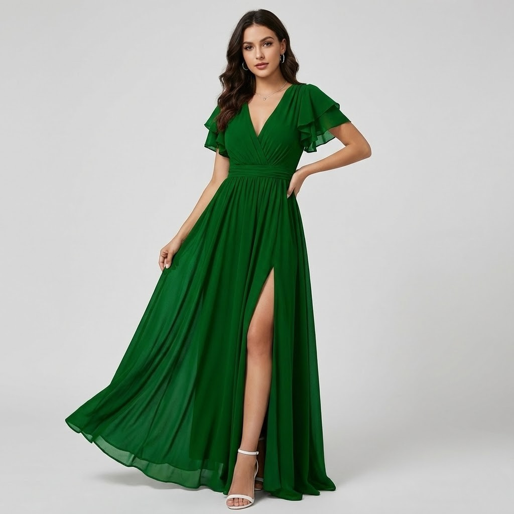 Vestido longo elegante em tecido fluido | Decote em V | Detalhe de folhos