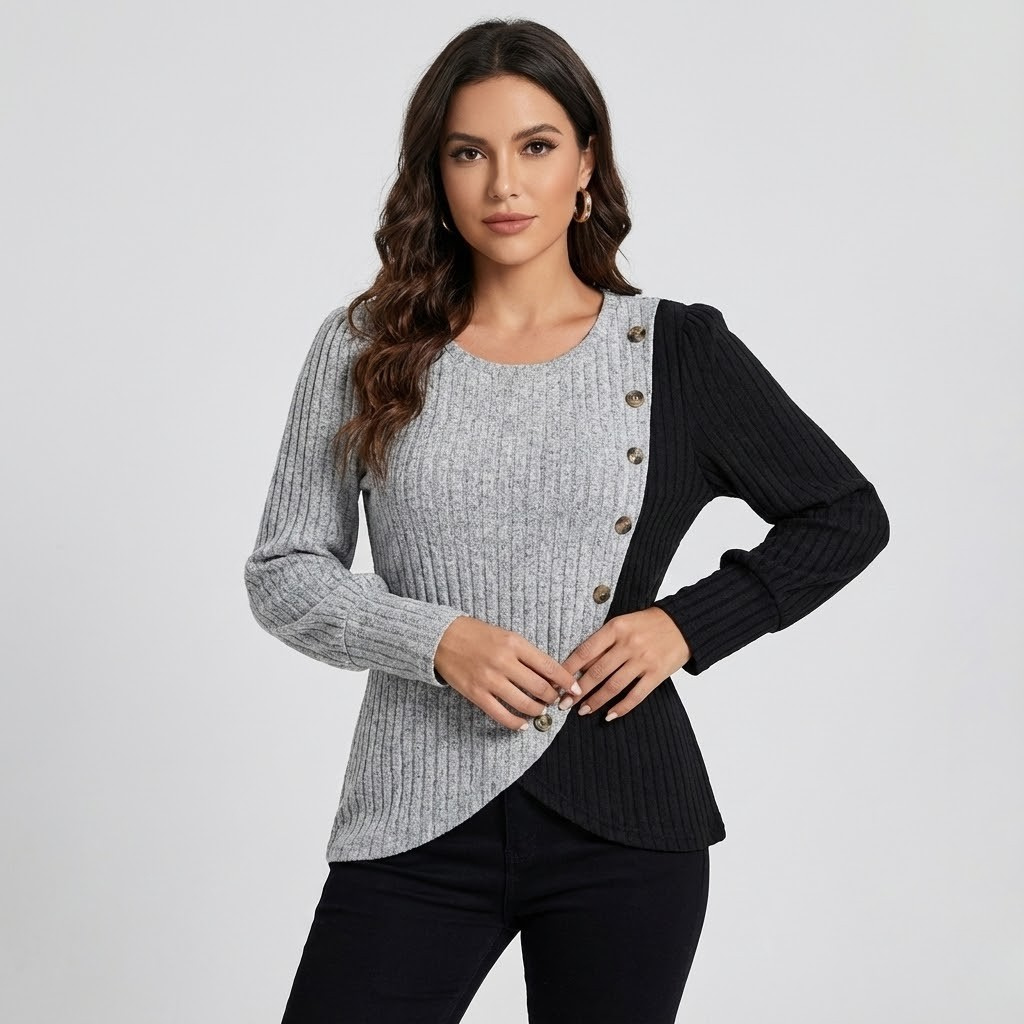 Camisola de malha assimétrica em mistura de algodão | Corte fluido | Detalhe de botões decorativos