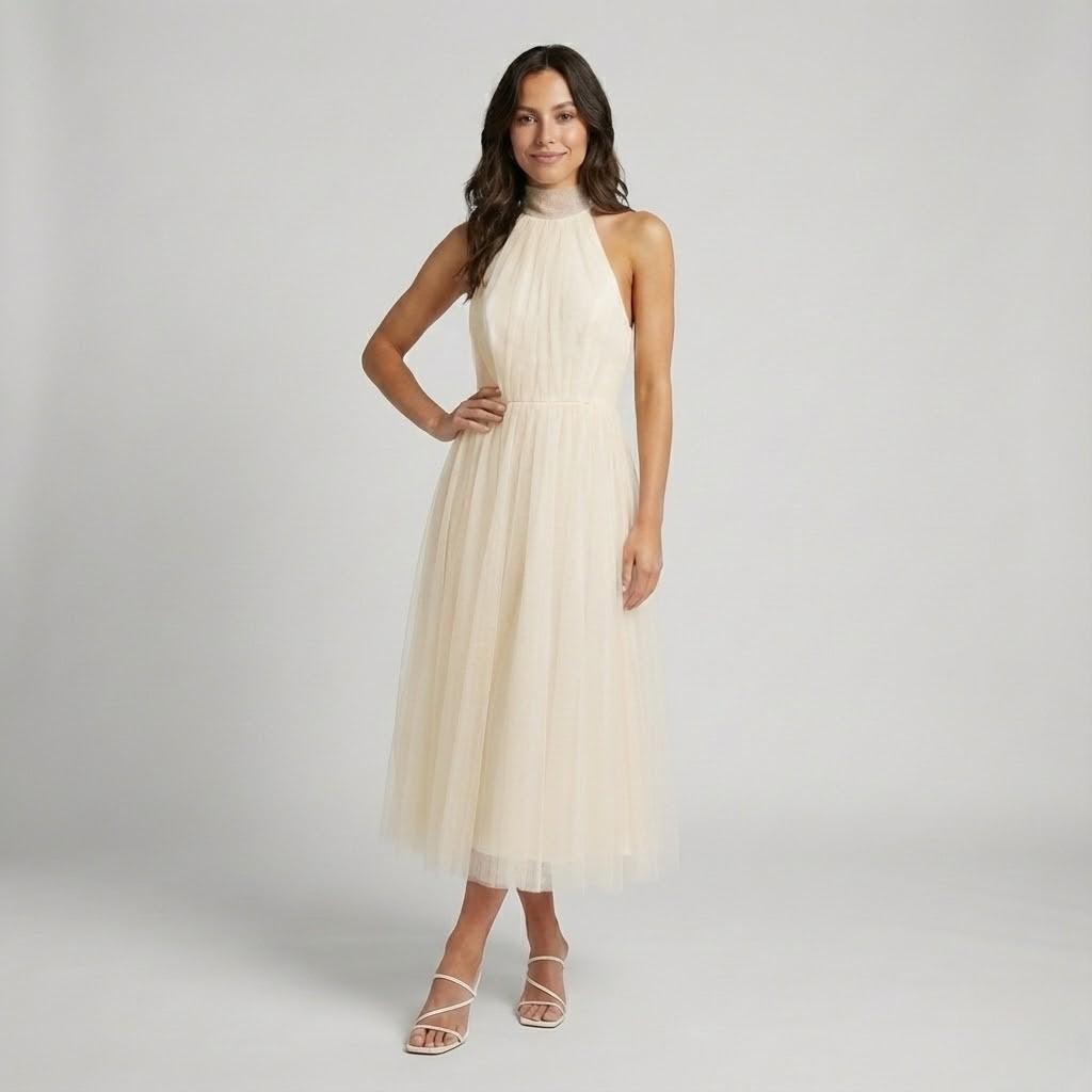 Vestido elegante de gola halter em tecido fluido | Corte midi | Silhueta leve e sofisticada