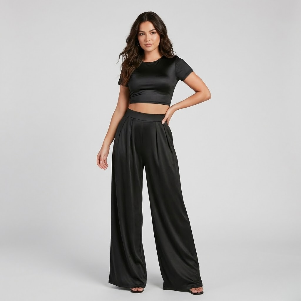 Set fluido contemporâneo | Top curto e calças largas | Elegância moderna