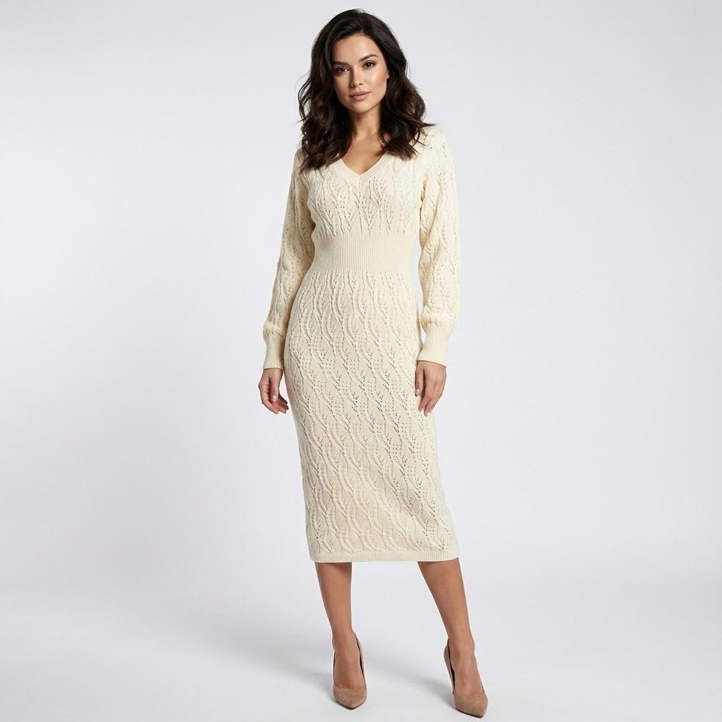 Vestido de malha elegante com decote em V | Corte cintado | Sofisticação intemporal