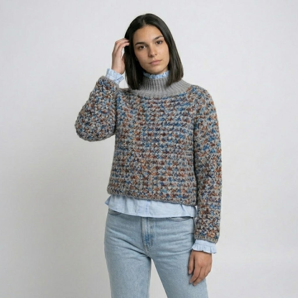 Camisola de Malha com Gola Alta e Padrão Multicolor Confortável