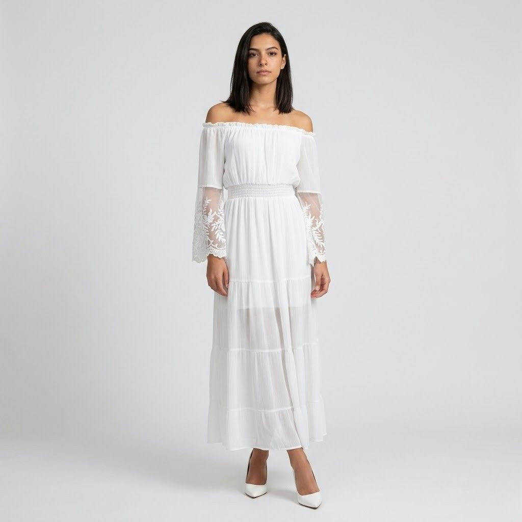 Vestido Comprido Fluido com Decote Ombro a Ombro e Mangas Rendadas