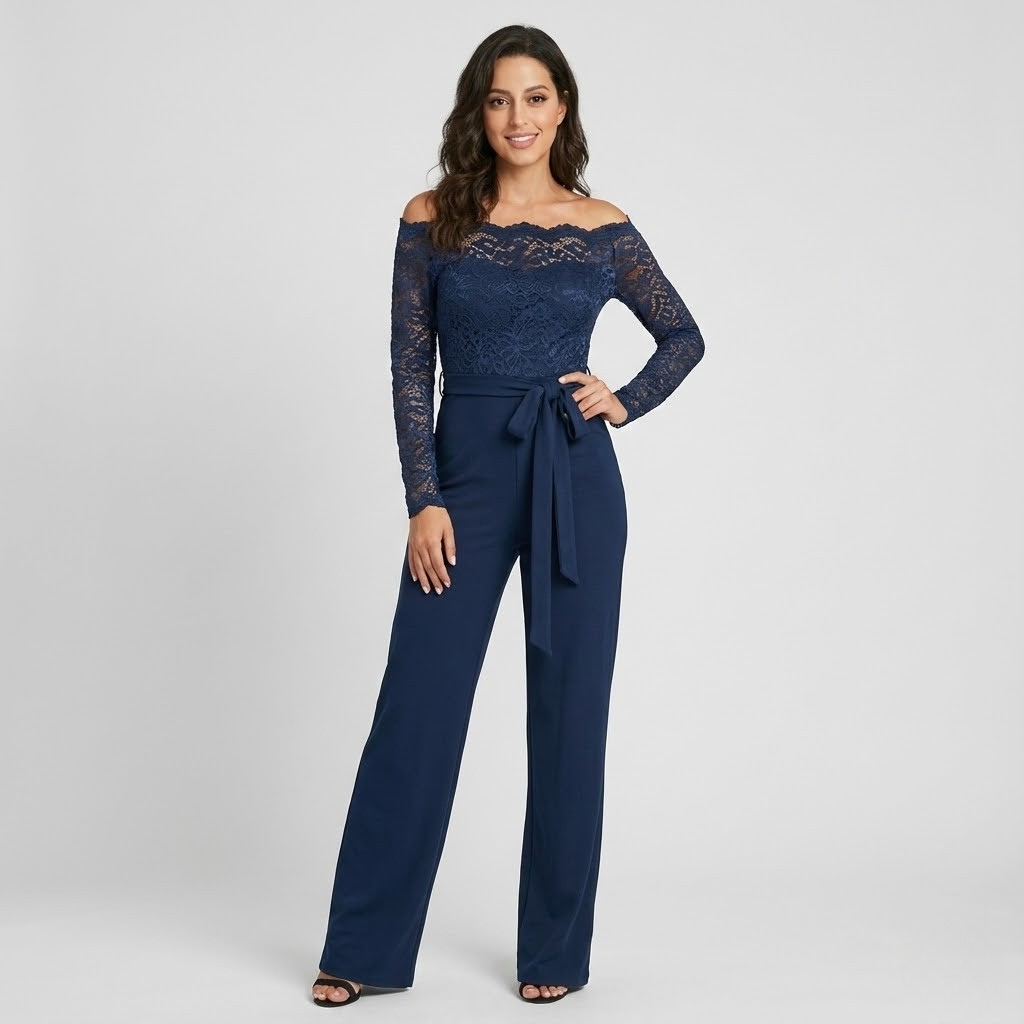 Macacão elegante com renda delicada | Ombro a ombro | Sofisticação moderna