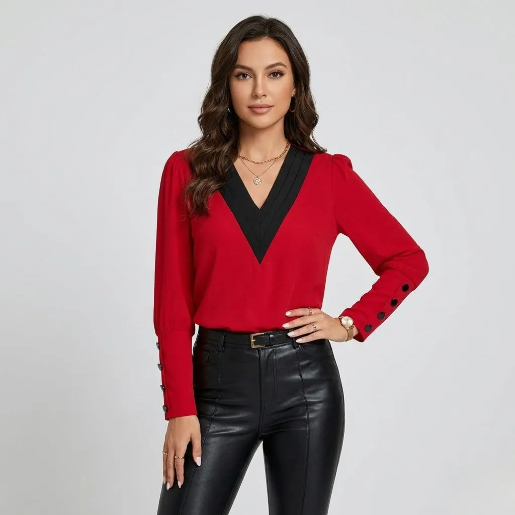 Blusa elegante em viscose fluida | Corte ajustado | Detalhe contrastante