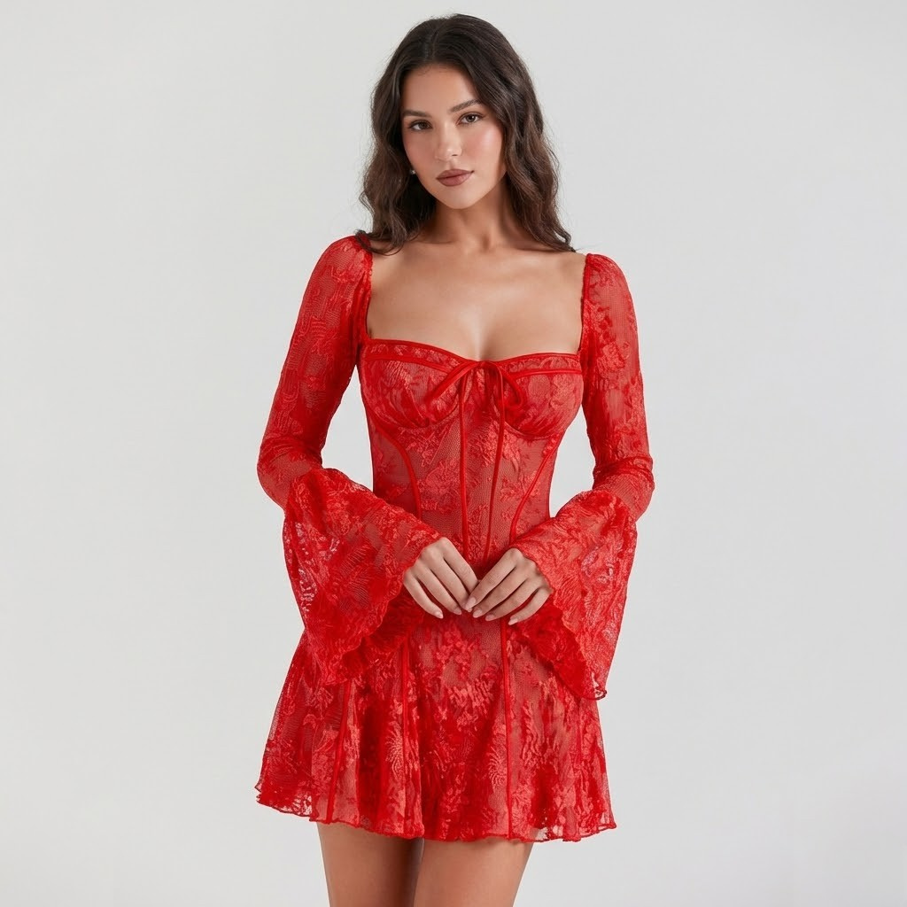 Vestido curto rendado de inspiração romântica | Corte ajustado | Decote estruturado feminino