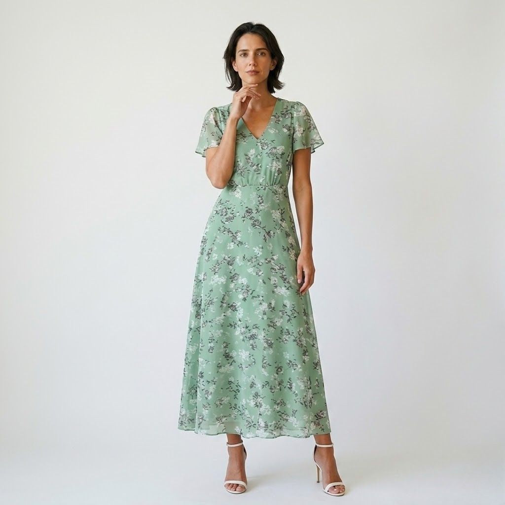 Vestido Comprido Fluido com Manga Curta e Decote em V Elegante