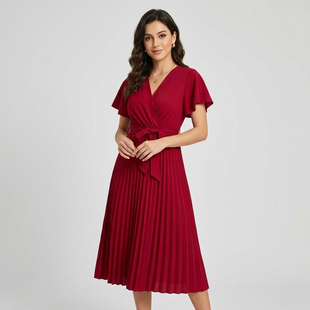 Vestido midi plissado em mistura de viscose | Cintura com laço | Elegância feminina