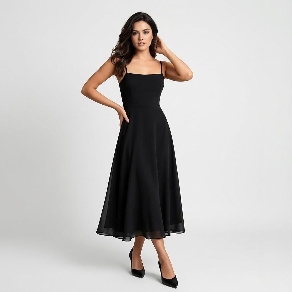 Vestido midi elegante em mistura de viscose | Corte fluido evasé | Estilo feminino intemporal