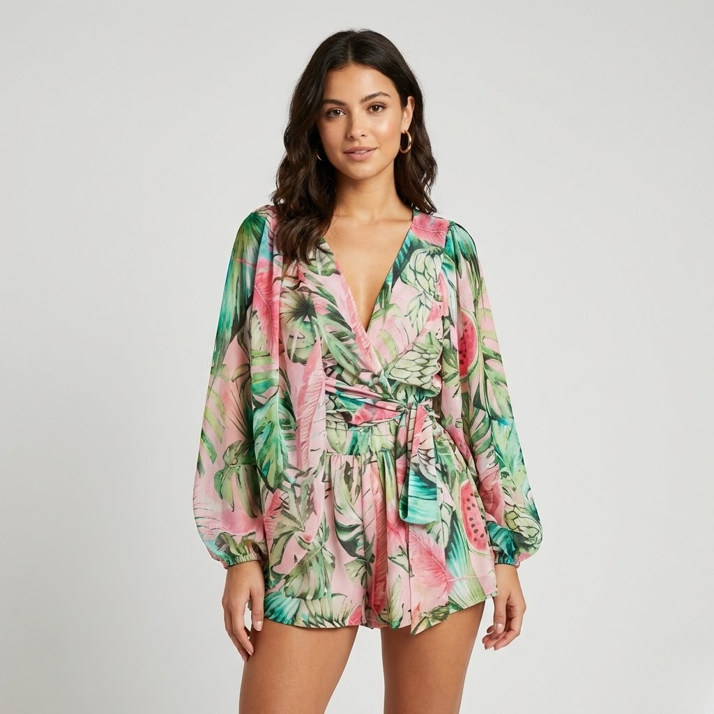 Macacão curto fluido com estampado tropical | Corte solto | Espírito de verão