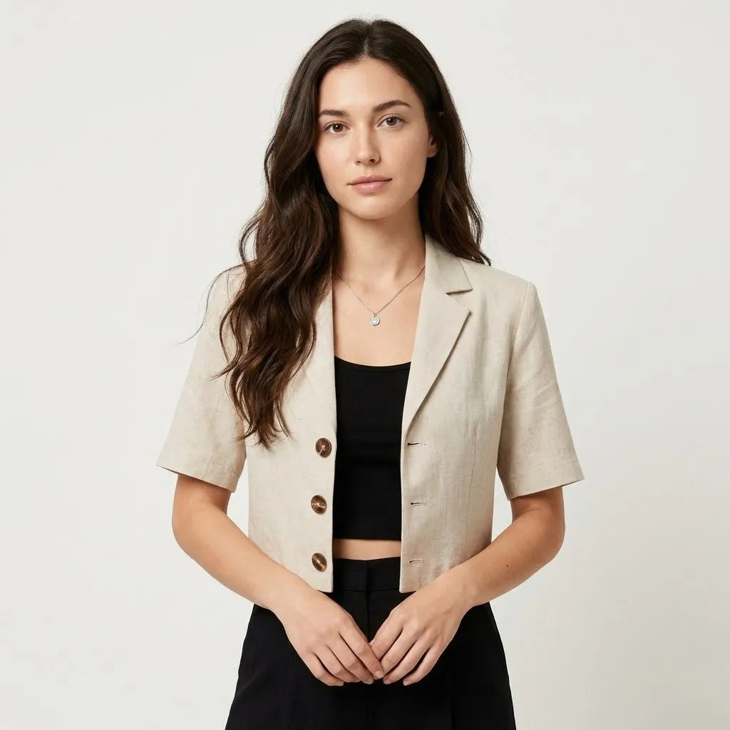 Blazer curto de manga curta | Corte estruturado | Linho
