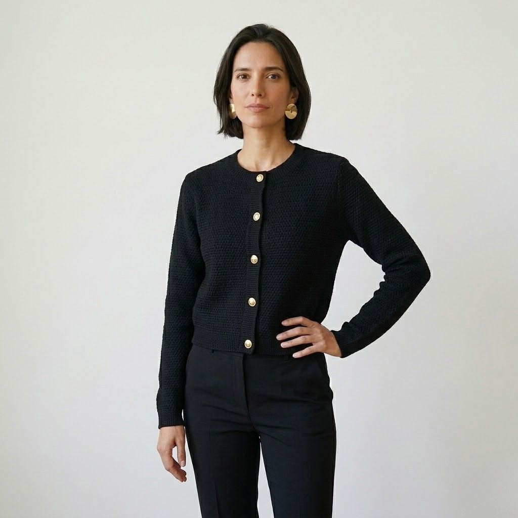 Cardigan de Malha Estruturada com Botões Dourados e Elegância Diária