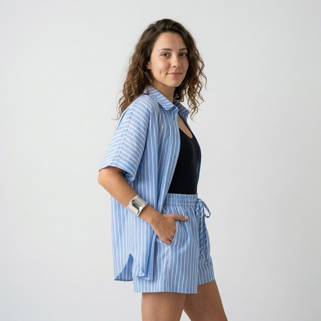 Conjunto Casual com Camisa Solta e Calções de Cintura Ajustável