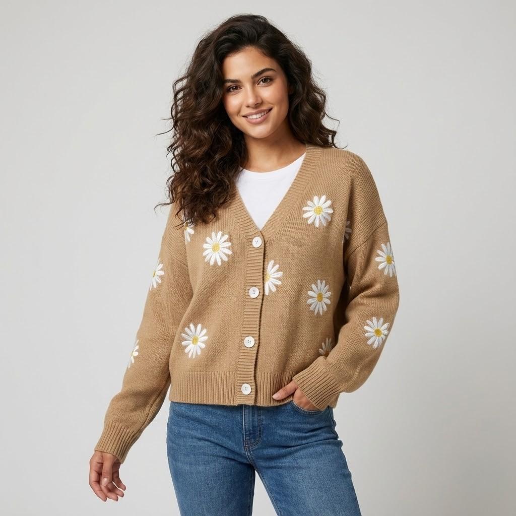 Cardigan Feminino em Malha com Botões e Padrão Floral