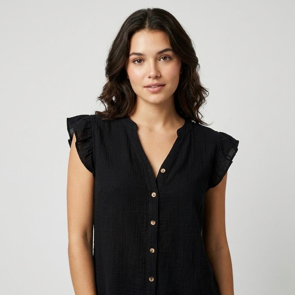 Blusa fluida em mistura de algodão | Corte descontraído | Decote em V com botões