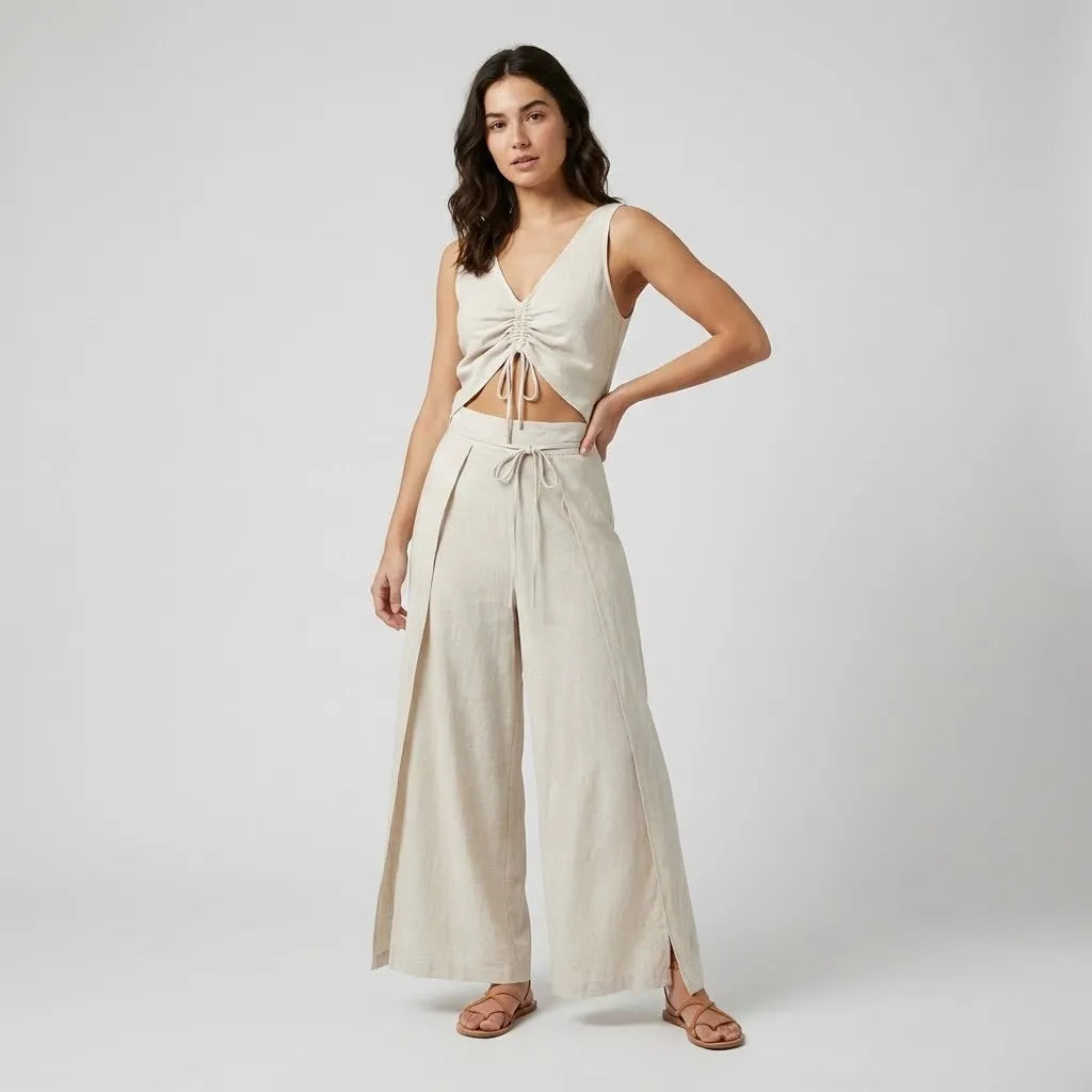 Conjunto Leve com Top Cruzado e Calça Ampla para Verão Sofisticado