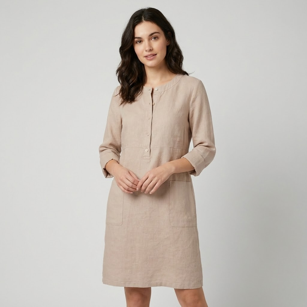 Vestido midi em linho natural | Corte direito | Elegância intemporal