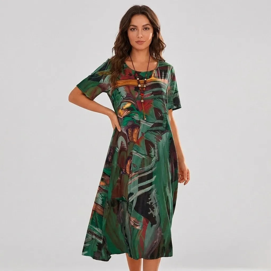 Vestido Midi Solto | Estampado Artístico | Viscose