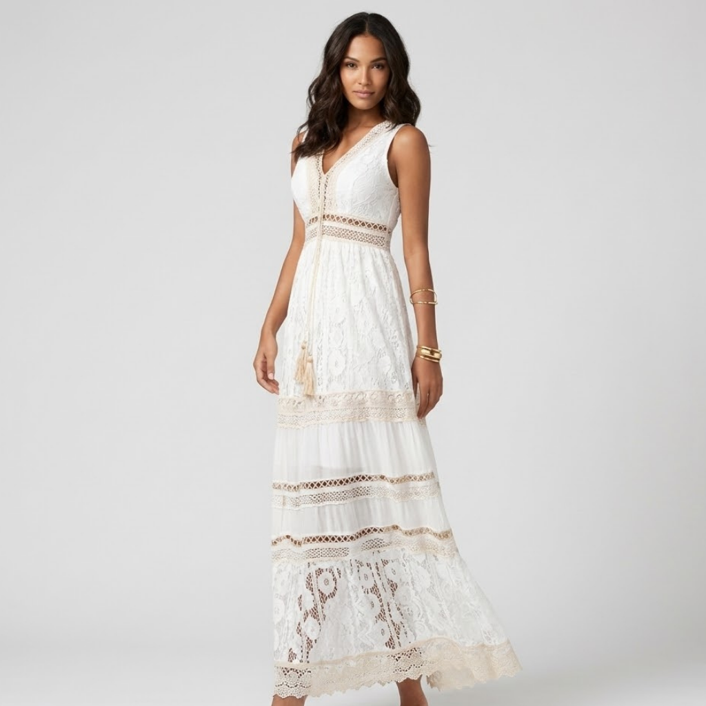 Vestido maxi boémio em tecido leve | Decote em V | Elegância natural