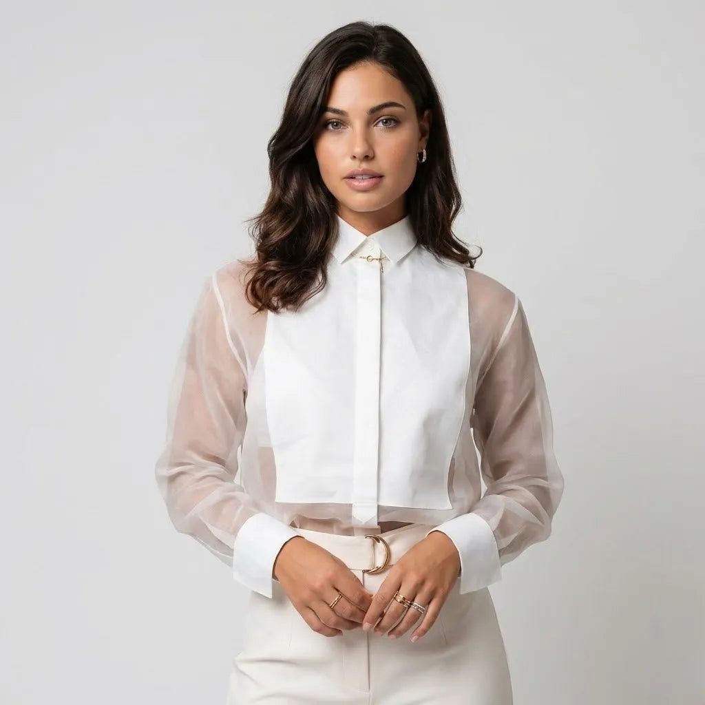 Blusa elegante em mistura de algodão | Corte direito | Transparência sofisticada