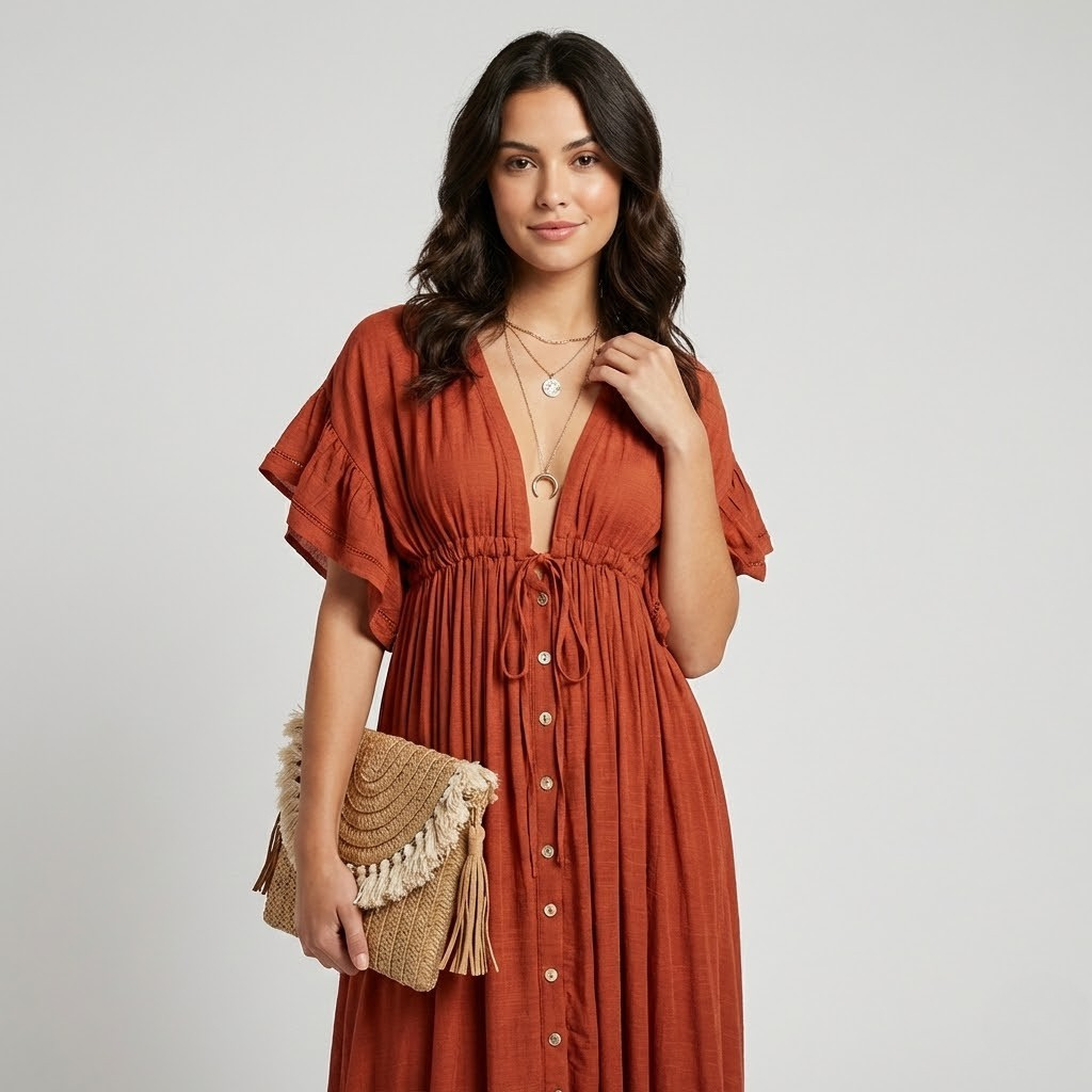 Vestido longo fluido em mistura de algodão e viscose | Corte império | Feminilidade leve