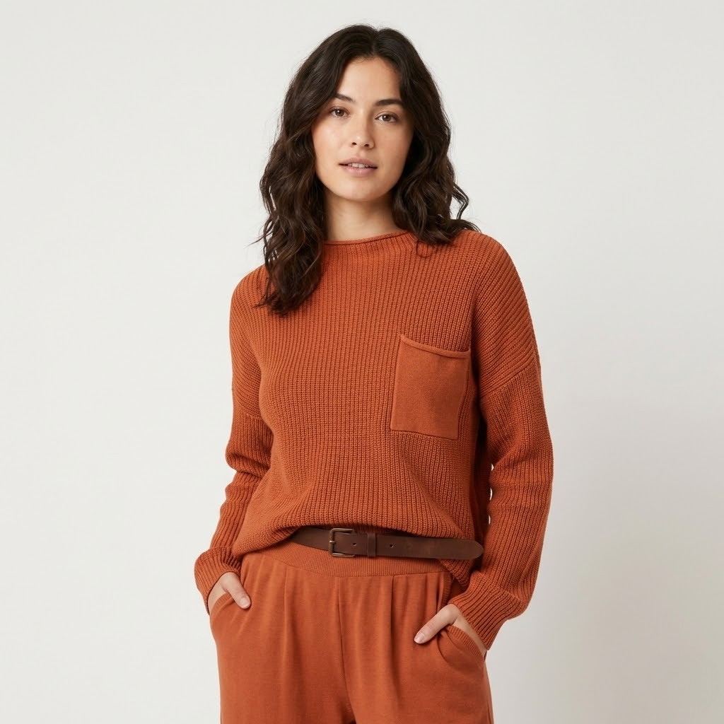 Camisola de malha estruturada em algodão | Corte descontraído | Bolso frontal discreto