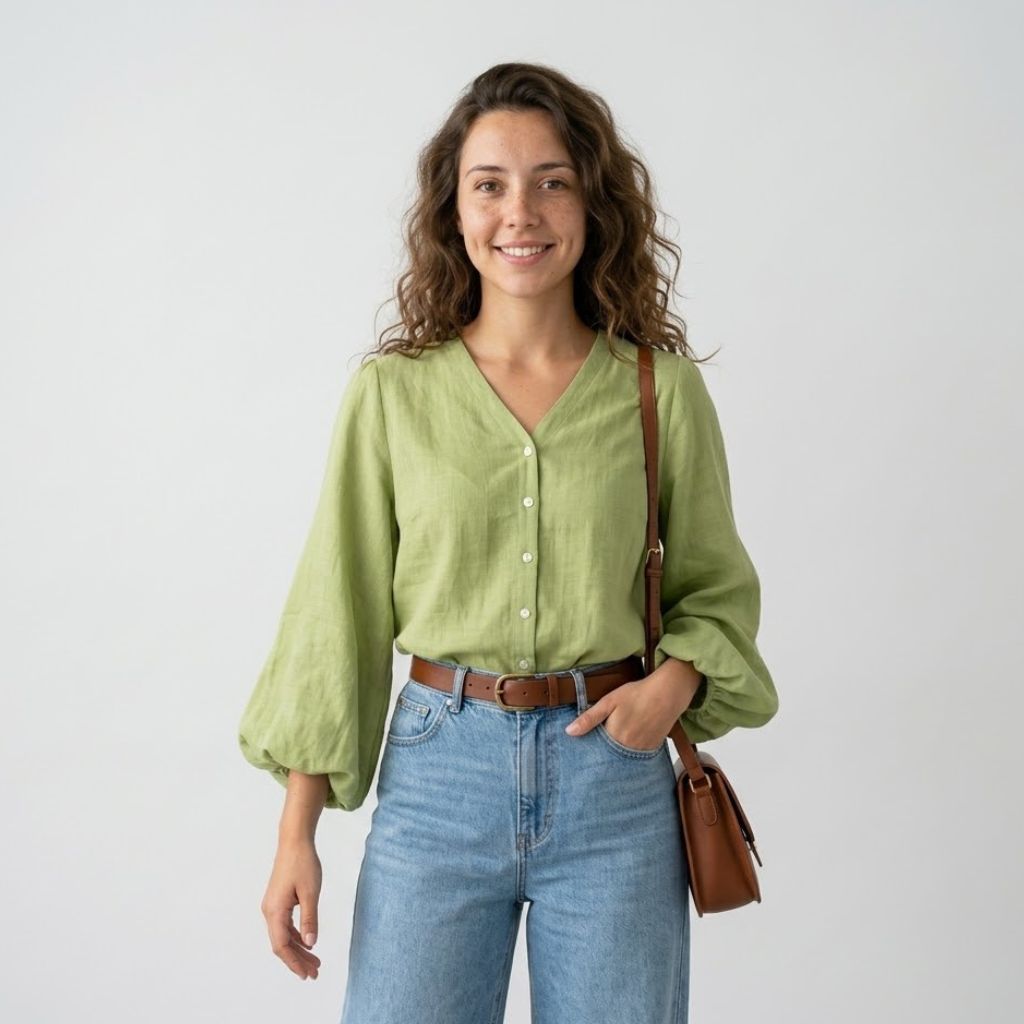 Blusa Fluida com Decote em V e Mangas Amplas Elegantes