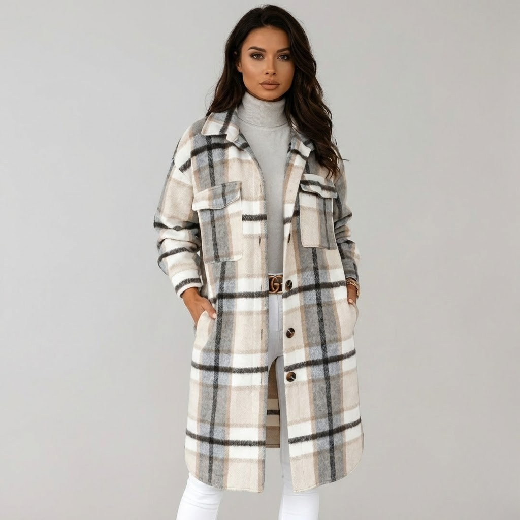 Casaco xadrez em mistura de lã | Corte direito | Estilo casual elegante