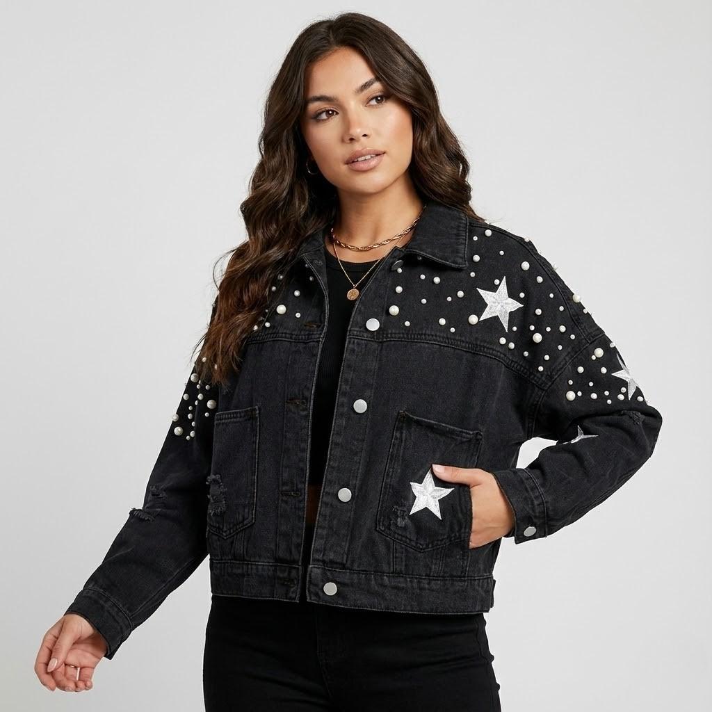 Casaco casual em mistura de algodão | Corte descontraído | Detalhes bordados decorativos