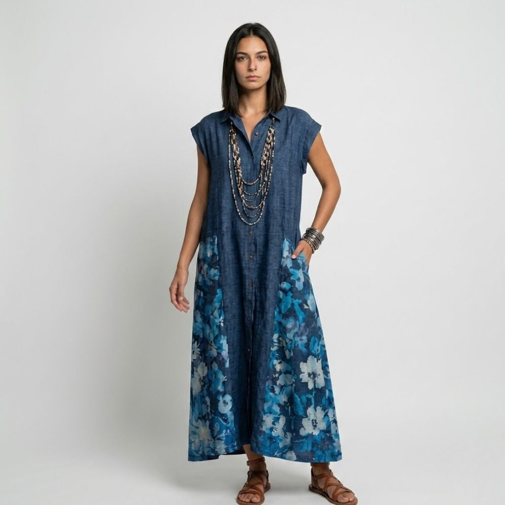 Vestido Comprido Camiseiro com Bolsos e Linha Fluida