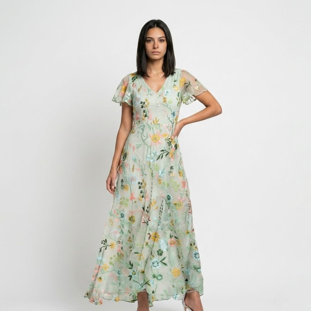 Vestido Comprido Floral com Folho e Movimento Elegante