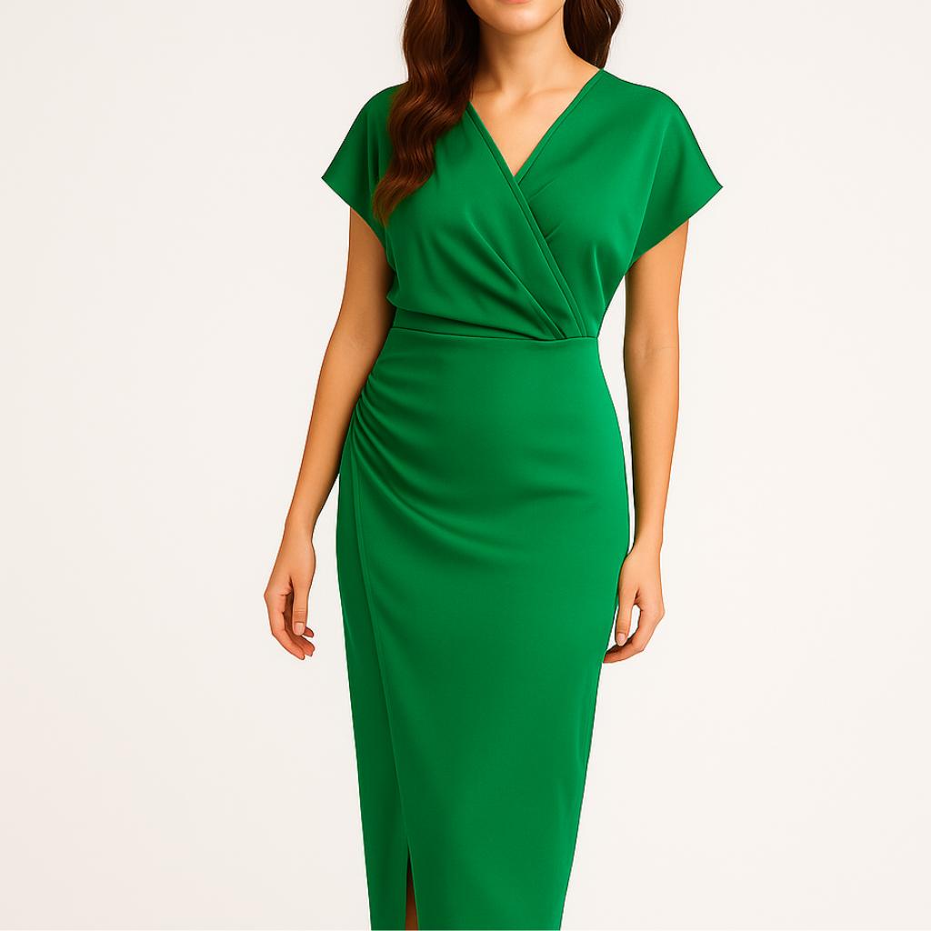 Vestido midi feminino com decote cruzado e corte elegante