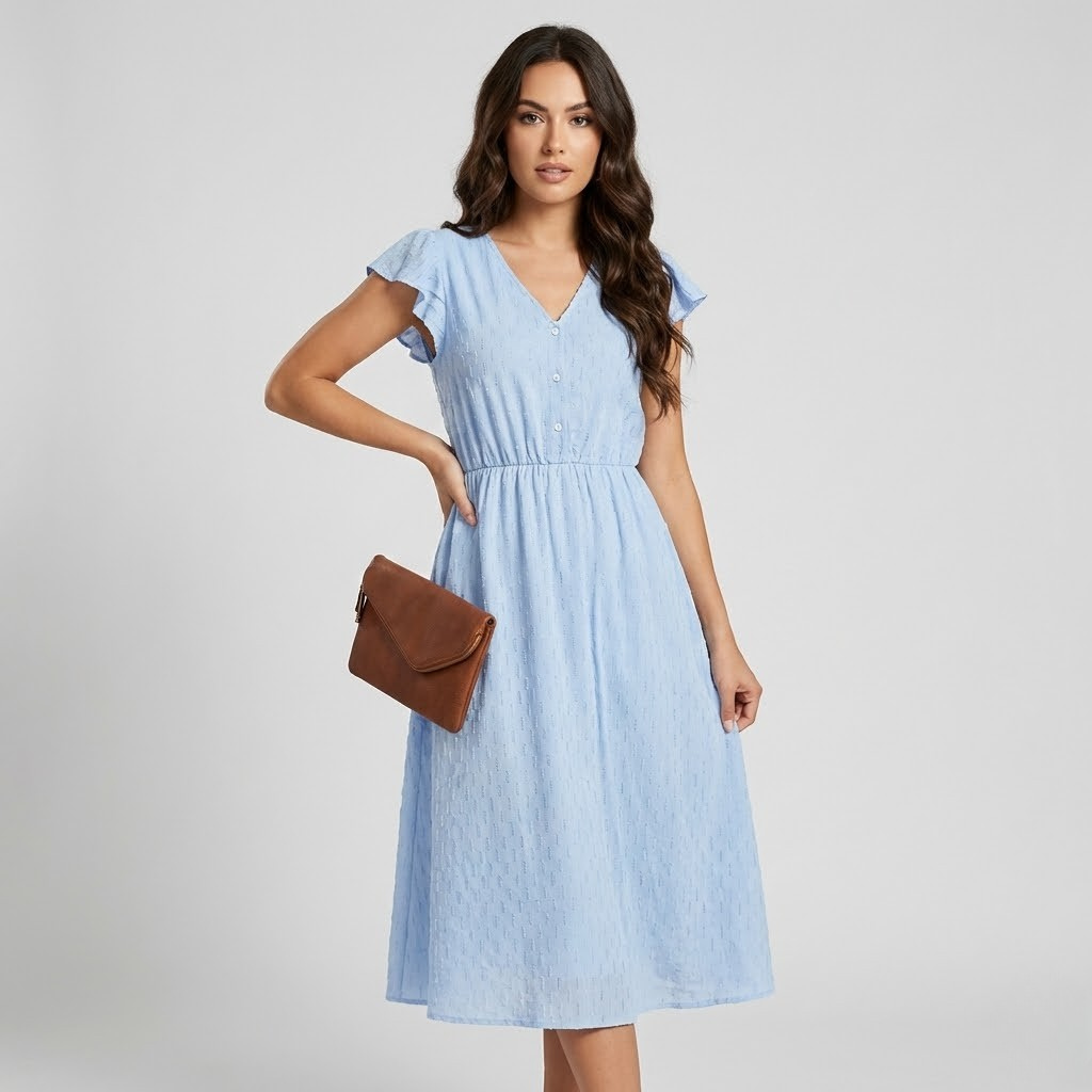 Vestido midi fluido em algodão texturado | Corte cintado | Delicadeza romântica