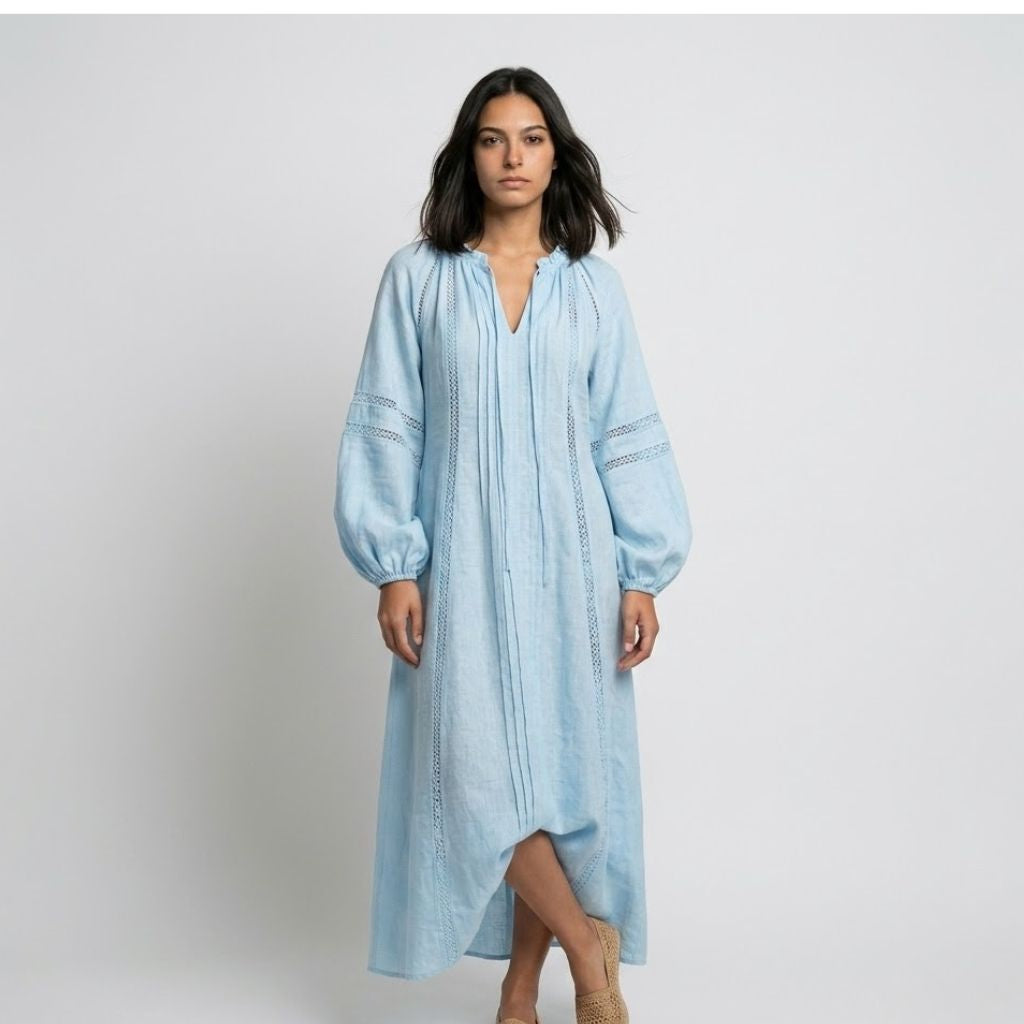 Vestido Comprido Fluido com Mangas Amplas e Conforto Leve