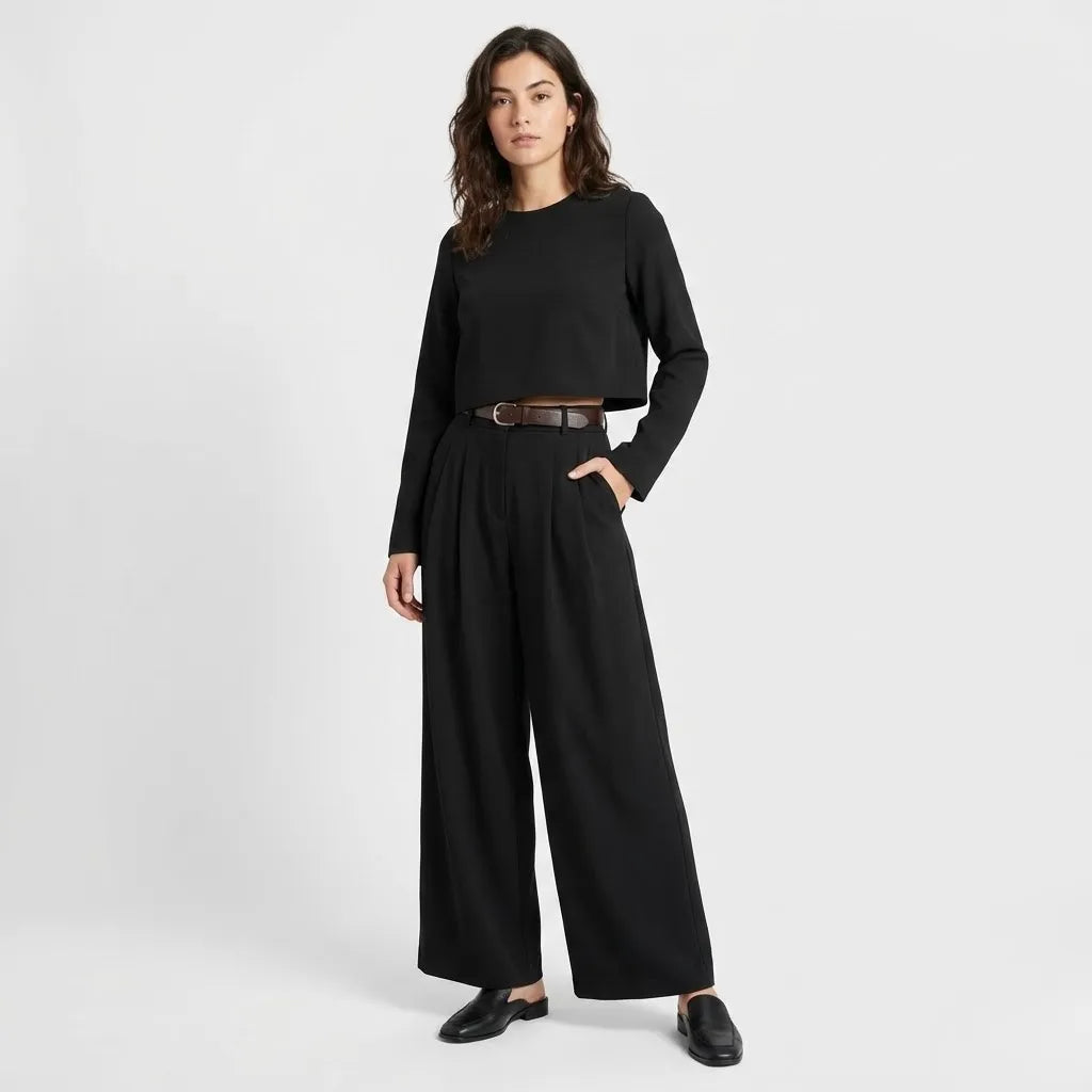 Conjunto minimalista em mistura elegante | Top curto e calças de perna larga | Sofisticação moderna