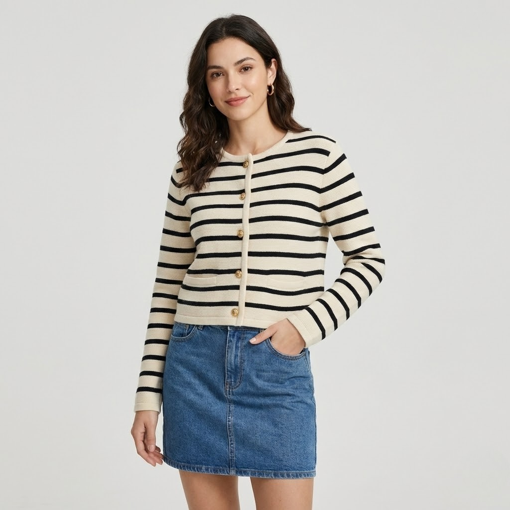 Cardigan de malha às riscas em algodão | Corte direito | Estilo intemporal