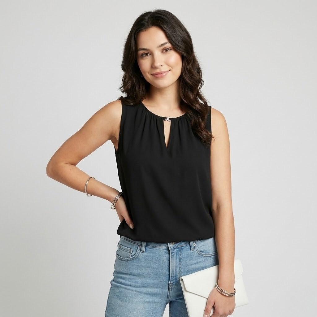 Top fluido sem mangas em mistura de viscose | Corte solto | Decote elegante com detalhe