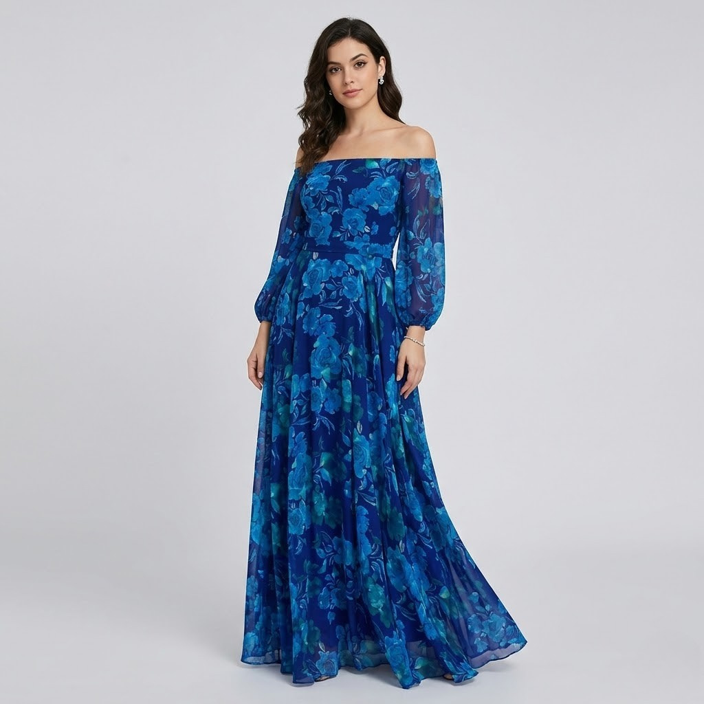 Vestido maxi fluido em mistura de viscose | Ombro a ombro | Elegância de verão