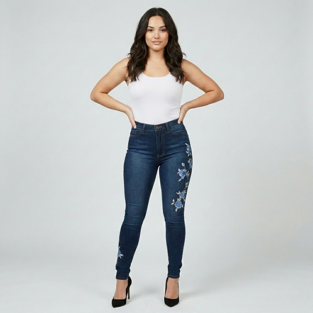 Calças de ganga ajustadas | Cintura subida | Detalhe floral elegante