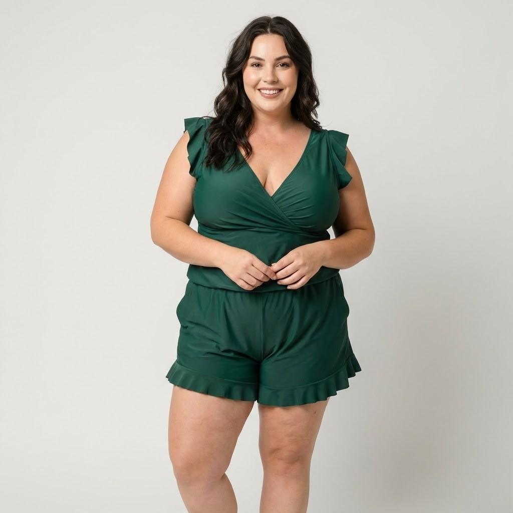 Romper elegante em tecido fluido | Corte cintado | Detalhe com folhos femininos